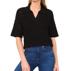 CeCe Women's Open-Knit Short-Sleeve Polo Sweater